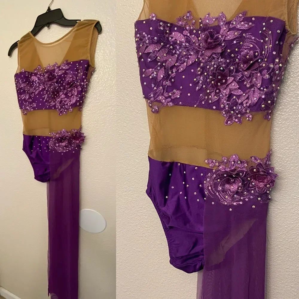 Competition Custom Solo illusion Dance Costume purple contemporary lyrical MA